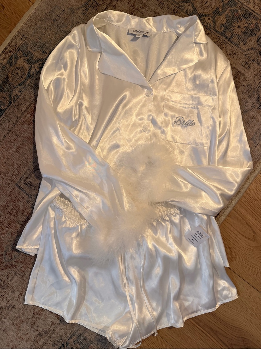 Satin 'Bride' Pajama Set with Feather Trim - White